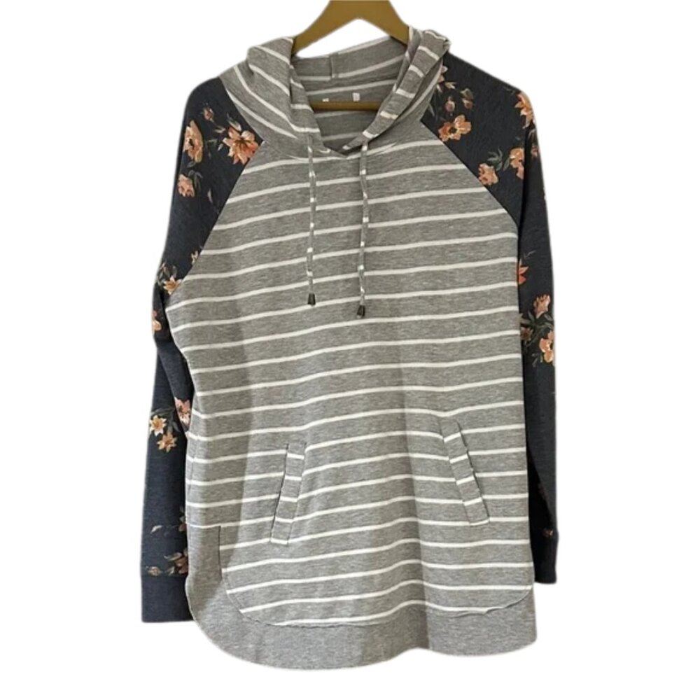 Gray Striped Hoodie Floral Sleeve Raglan Lightweight Sweatshirt
